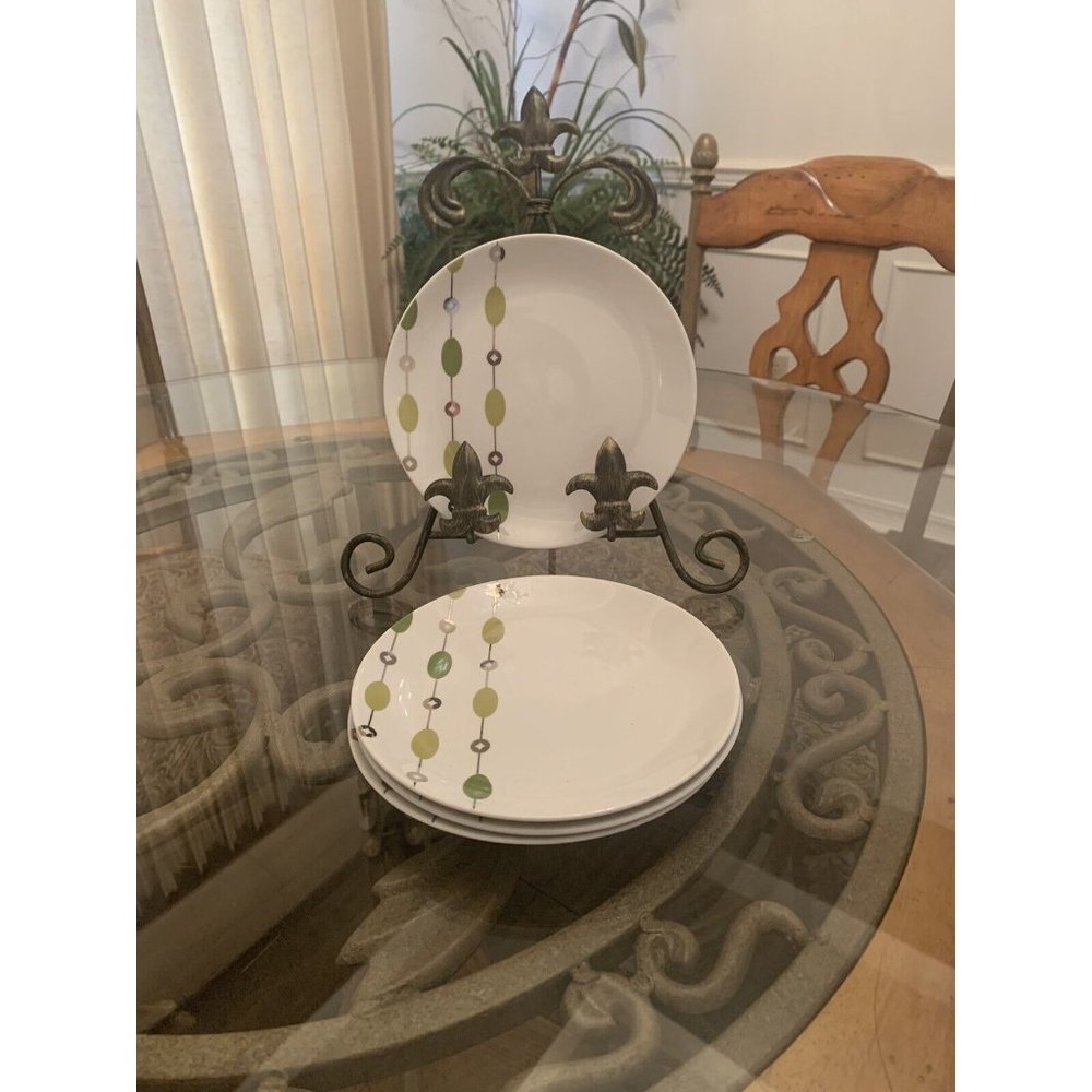 Pier One set 4 plates Beaded Garland Porcelain Dessert Appetizer SILVER TRIM Y2K